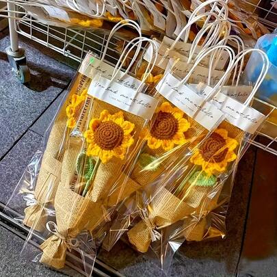 1 Set,Handmade Crochet Sunflower - Vibrant Yellow Allergy-Friendly Artificial Floral Arrangement With Burlap Sack & Rope, Perfect For Home Decor, Weddings, Birthdays, Mother's Day, Valentine's Day And Thanksgiving Gifts
