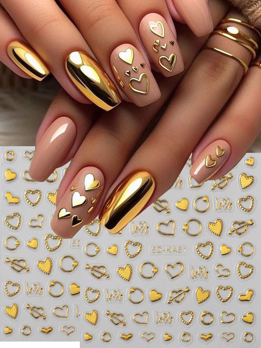 2片金色烫金心形3D美甲贴纸 镂空心形法式设计 Y2K风格自粘凝胶指甲油贴片 情人节设计饰品 美甲箔片 美甲贴片 装饰指甲 - 金色 - 查看 1