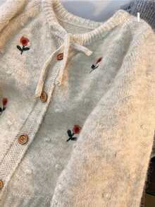 Wixra Autumn/Winter New Knitted Cardigan, Embroidered Floral Slouchy, Round Neck, Versatile Commuter Top - Apricot - View 4
