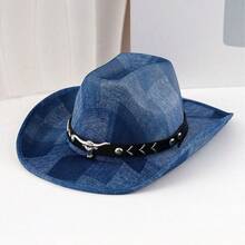 Sombreros de vaquera occidentales de mezclilla para adultos, modernos y clásicos, con ala ancha y cabeza de toro, para viajes al aire libre. - Azul - Ver 6