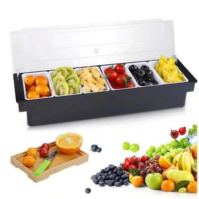 Servidor de Condimentos de 6 Compartimentos, Servidor de Condimentos,Recipiente para Servir Condimentos Enfriado, Contenedor para condimentos con tapa, bandeja para servir frutas, dulces, inmersiones, suministros de bar, restaurante, caja organizadora