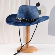 Sombreros de vaquera occidentales de mezclilla para adultos, modernos y clásicos, con ala ancha y cabeza de toro, para viajes al aire libre. - Azul - Ver 4