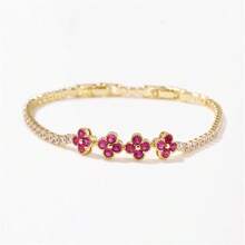 Colorful Zirconia Shiny Copper Bracelet, Suitable For Daily Wear - Hot Pink - View 3