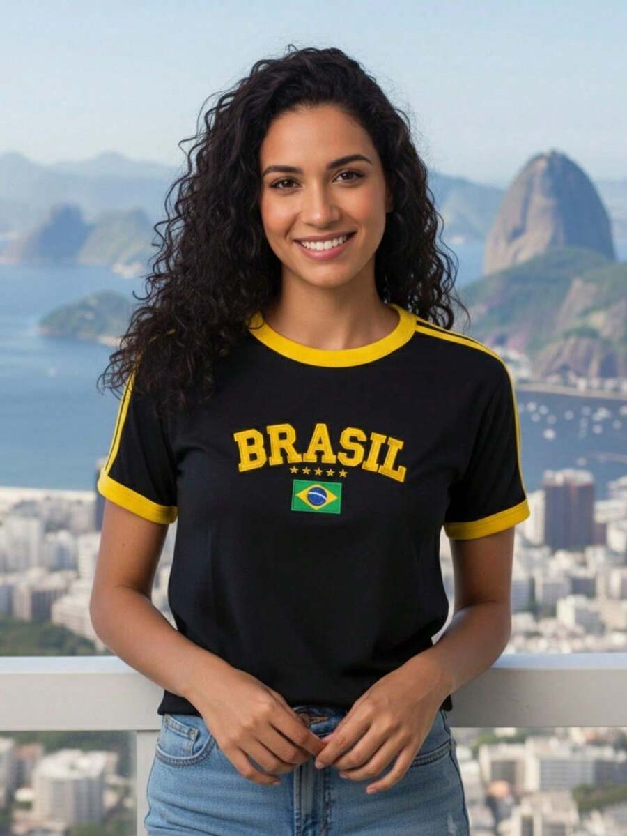 Women's Embroidered Brazil Shirt – Regular Fit, Casual Look, No River - 黑色 - 查看 1
