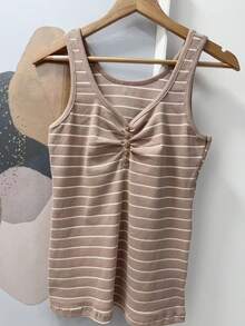 Pure Cotton Tank Top With Ribbed Design In The Middle, Knitted Fabric With Buttons. - Khaki Stripes - View 2