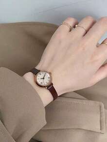 时尚石英表，优雅女士腕表，简约独特复古设计，真皮表带，小巧圆形表盘，高端石英女士腕表 - 彩色 - 查看 2