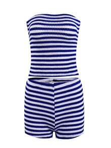 Women 2 Piece Striped Outfit Off Shoulder Cropped Tube Tops And Mini Shorts Set For Daily Party Club - Blue - View 7