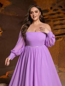 فستان رسمي ماكسي بأكمام طويلة وياقة مكشوفة عن الكتفين بقصة A-line للنساء ذوات الحجم الكبير | مثالي لحفلات العشاء الرسمية، حفلات توزيع الجوائز، حفلات الزفاف المسائية، حفلات السهرة الرسمية والحفلات الخيرية، إطلالة رأس السنة الجديدة - ارجواني فاتح - مشاهدة 4