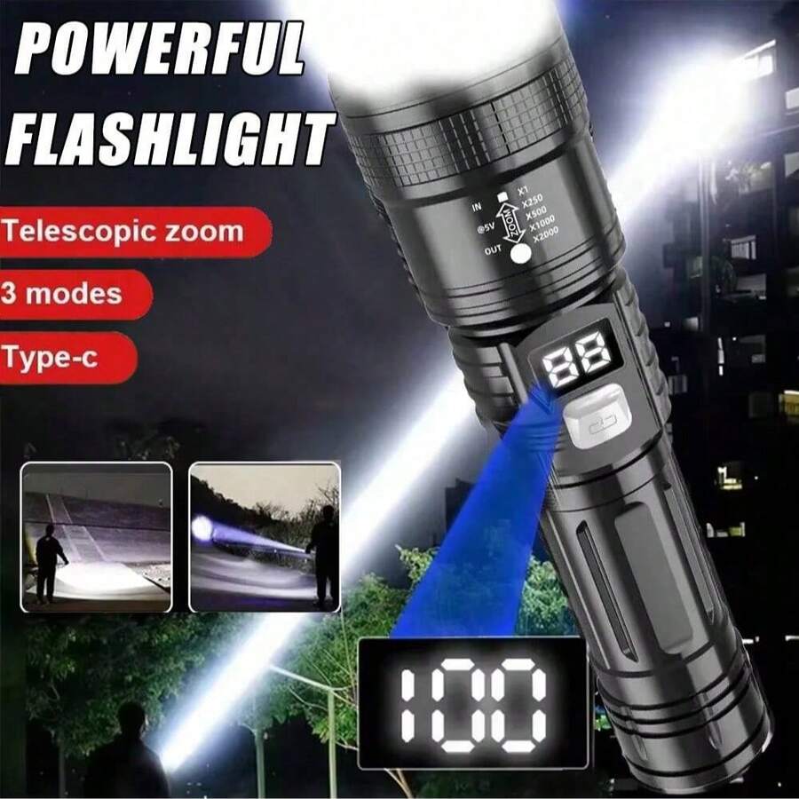 1 件装大功率远射程 LED 手电筒战术灯 LCD 电量显示 USB 可充电灯伸缩变焦手电筒野营灯