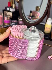 二合一水钻塑料收纳盒，桌面化妆品收纳盒，带双圆形隔层 - 现代梳妆台收纳盒，带盖，浴室梳妆台整理盒，可收纳化妆刷、口红、美容工具，房间装饰 - 彩色 - 查看 4