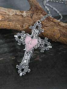 复古哥特式十字架项链，Y2K风格女士项链，不锈钢银链 - 銀色 - 查看 3