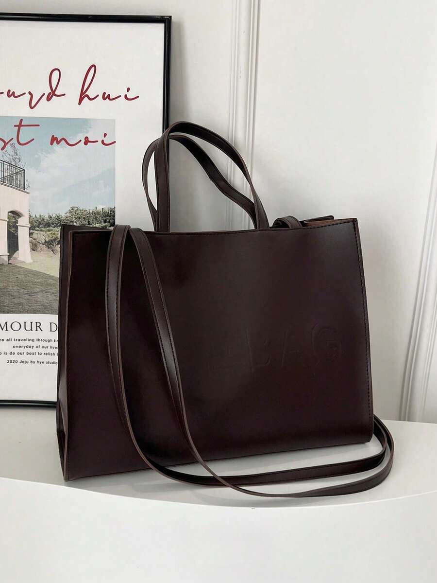 Large Capacity Fashion Tote Bag With Letter Print, Solid Color Minimalist Crossbody Bag, Ladies Casual Handbag Shoulder Bag Wallet, Fashionable Business Casual Women Bag Suitable For Office And Work - Coffee Brown - View 1
