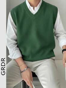 Chaleco de punto casual y versátil de unicolor con cuello en V para hombre GRDR - Verde - Ver 4