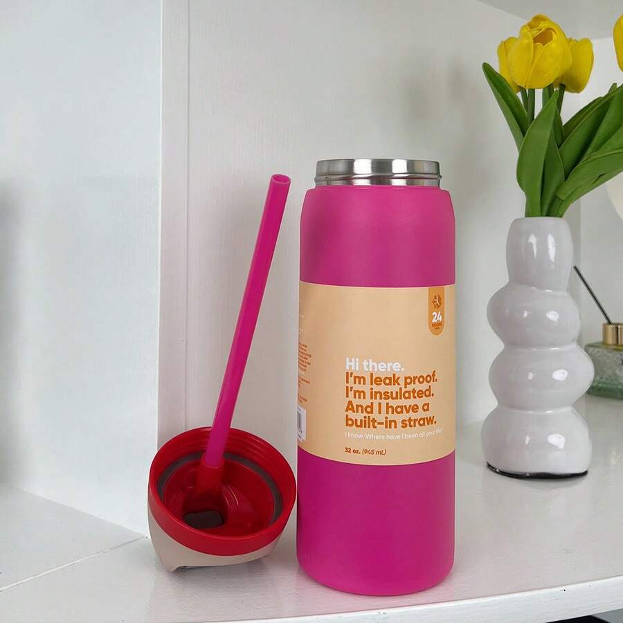 32oz Straw Insulated Water Bottle Double-Layer Stainless Steel Vacuum Thermal Mug For Sport And Trave - Hot pink-32oz - 查看 1