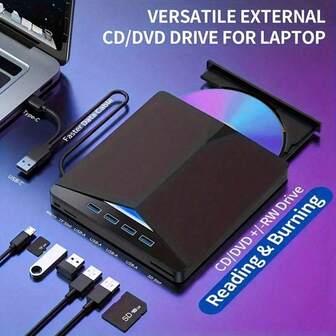 Lettore/Masterizzatore esterno multifunzione 7-in-1, Unità CD/DVD portatile USB-C, Hub USB 3.0 USB-C, Masterizzatore DVD CD, Compatibile con laptop, desktop e computer all-in-one