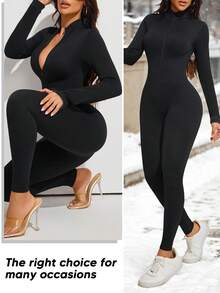 Women's Front Zipper Long Sleeve Bodysuit - Black - View 5