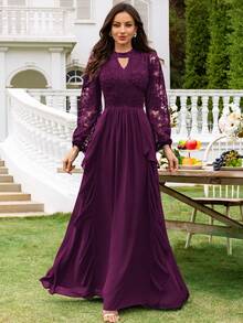 MIUSOL Spitze Schlüsselloch Ausschnitt Laternenärmel Rüschenkragen Formelles Abendkleid, Hochzeitsgast Kleid, Abendkleid, Ballkleid