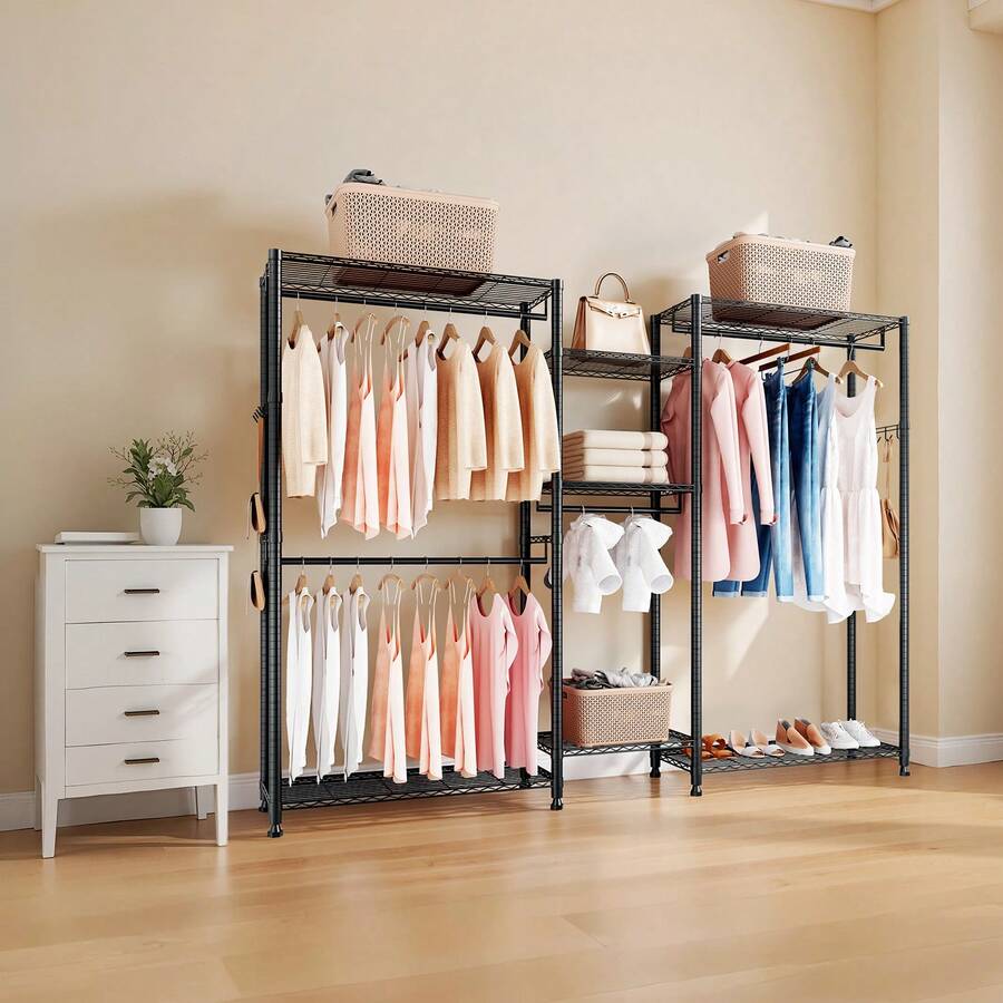 Clothing Garment Rack, Heavy Duty Closet Wardrobe, 7 Adjustable Tiers Clothes Racks With Steel Frame, 850 Lbs Load Capacity Clothes Rack With 4 Hanging Rods For Bedroom, Clothing Store, Hallway - Black - View 1