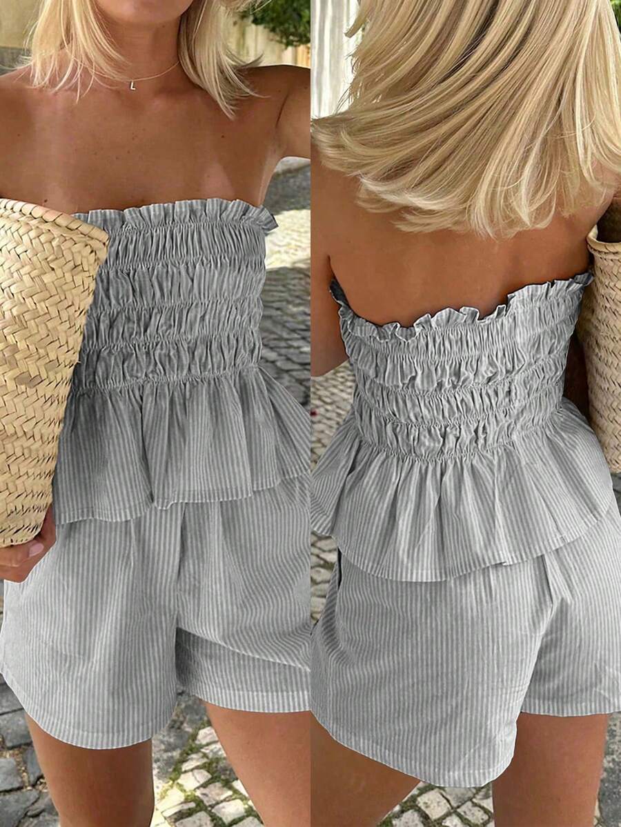 Vaiaye 女士夏季夏威夷波西米亚风热带海滩度假两件套——单肩条纹荷叶边简约日常抹胸上衣和短裤，完美适用于约会、下午茶、假期、音乐节和情人节。