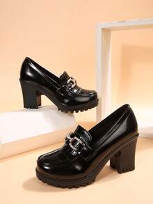 Women's Classic Thick Heel High Heels, Chunky Heel Pumps, Comfortable Work Shoes, Spring/Summer 2025 - 黑色 - 查看 3