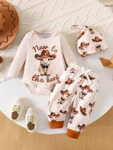 2pcs/Set Baby Boy Casual Comfortable Animal Print Long Sleeve Romper + Printed Pants Set, Autumn/Winter - Apricot - View 1