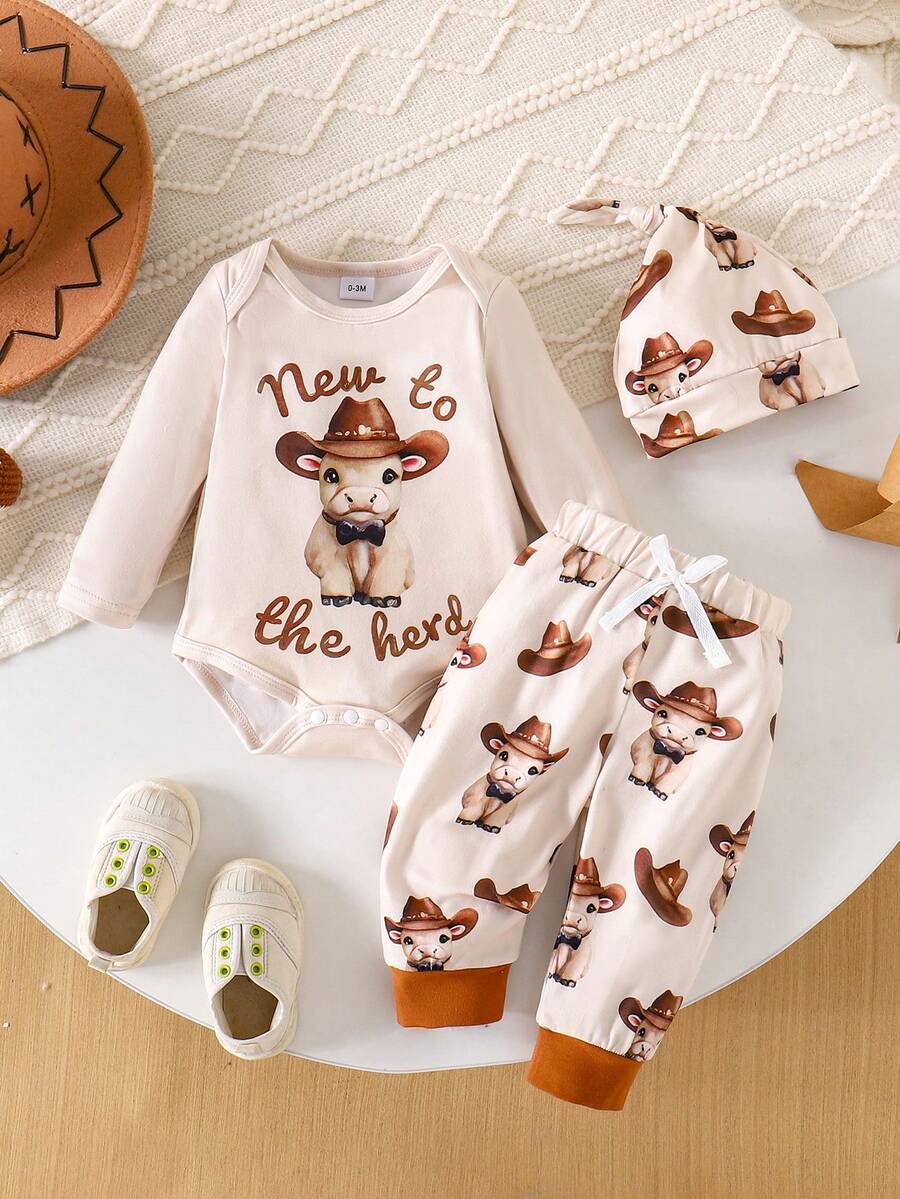 2pcs/Set Baby Boy Casual Comfortable Animal Print Long Sleeve Romper + Printed Pants Set, Autumn/Winter - Apricot - View 1