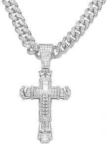 Men's Shiny Cuban Chain Necklace, Miami Style Silver Plated Gold Plated Shiny Necklace, Hop Necklace - 交叉-A銀色 - 查看 4