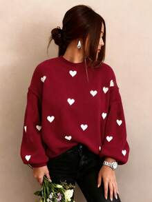 秋冬女装情人节可爱休闲心形图案宽松时尚圆领长袖毛衣，基本款毛衣，商务休闲女装，秋季上衣，秋季毛衣，女士冬装，女士秋冬装，秋季服装
