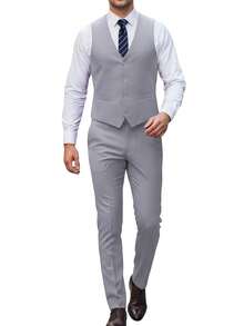 Furuyal Men's 3 PiecesSuit, Elegant Solid Color Slim Fit Gentleman's Set Including Vest, Trousers And Tie, Suitable For Business, Wedding, Party, Prom, Light Gray, Size XS-3XL - Màu Xám nhạt - Xem 11