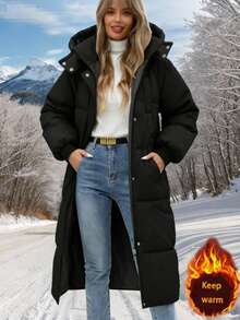 Women's Casual Solid Color Hooded Jacket With Pockets, Thick For Autumn/Winter - Black - View 5