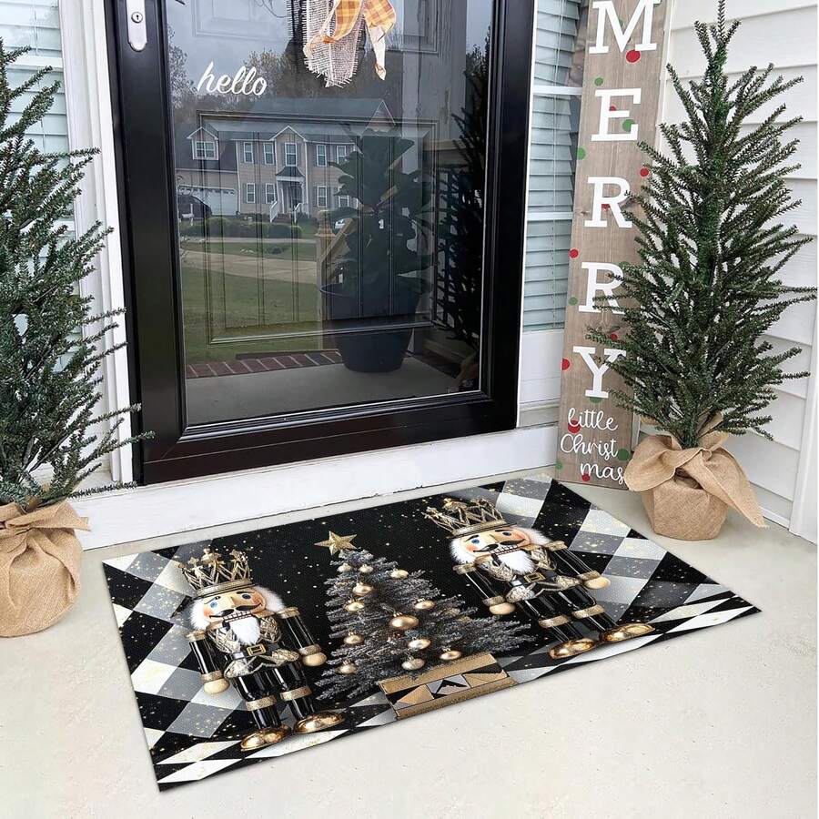 1 Pcs Christmas Custom Door Mat, Personalized Mat, Outdoor Or Indoor, Floor Entry Mat, Doormat, Holiday, Preppy, Black White Checker, Nutcrackers  24x16 Inch Abstract Art Mat, Creative Touch For Walls & Floors - A - Xem 1