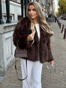 MUMRAP Winter Women Vintage Solid Warm Faux Fur Coat Casual Loose Lapel Jacket - Brown - View 4