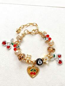 1pc Leopard Print Cherry Pendant Bracelet, Black 8 Ball Cherry Beaded Bracelet Leopard Print DIY Bracelet - Multicolor - View 3