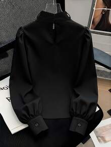 Áo sơ mi dài tay nữ với nơ lớn có thể tháo rời, tay phồng kiểu Pháp, cổ tàu, thích hợp mặc công sở/thường ngày, đi làm, dự tiệc năm mới và nhiều dịp khác. Màu đen, mùa xuân. - màu đen - Xem 3