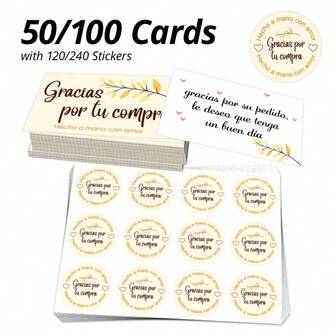 50/100 Tarjetas de Agradecimiento con 120/240 Pegatinas de Agradecimiento, Texto en español "Gracias Por Tu Compra", Tarjetas de Agradecimiento de 9x5.4cm/3.5x2.1", Pegatinas de Agradecimiento de 3.8cm/1.5", Adecuado para Tiendas en Línea, Tiendas de Manualidades, Comercio Minorista de Artesanía, Productos Caseros, Jabones Hechos a Mano, Tiendas Comunitarias, Tiendas Divertidas