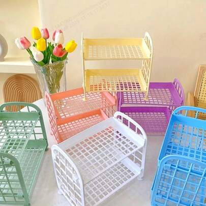 Estantería de almacenamiento de escritorio plegable de 2 niveles, estantería de plástico de doble capa multifuncional, organizador de maquillaje adecuado para cuidado de la piel, oficina, cocina, dormitorio, baño, uso doméstico, estantería de unicolor, organizador de cosméticos de escritorio