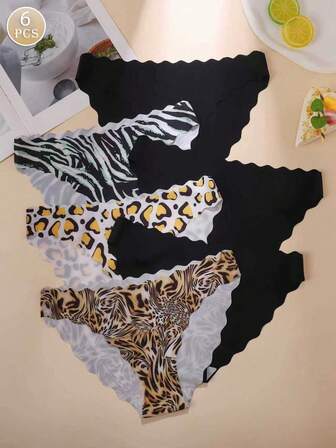 6pcs Women's Seamless Wavy Edge Panties, Elegant Leopard Print Matching Women's Underwear