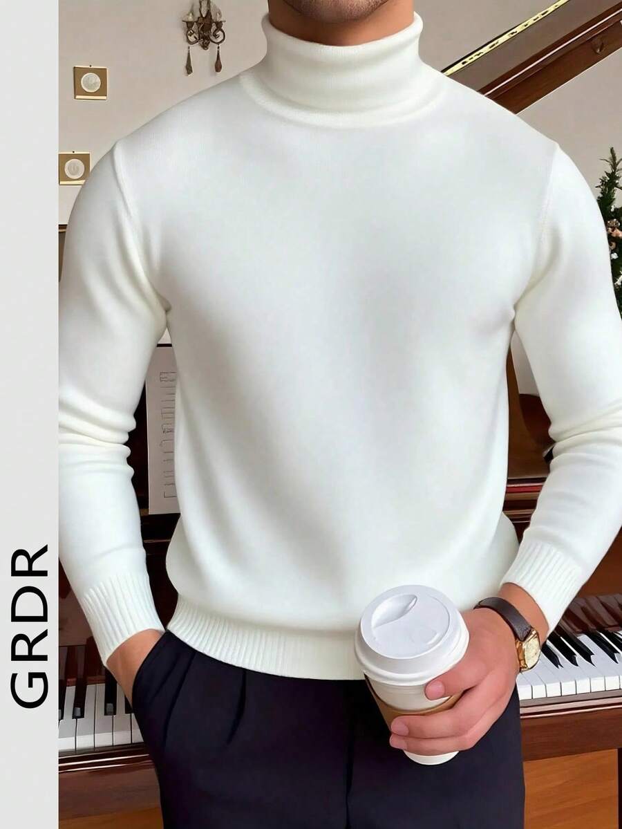 GRDR Men's Crew Neck Long Sleeve Sweater, Versatile Everyday Wear Knitted Pullover - White - View 1