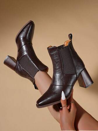 2025 Winter New Low-Cut Retro Fashion Mid-Heel Chelsea Boots, Square Toe Chunky Heel Short Boots For Women, French Chunky Heel Small Short Boots, Brown Skinny Boots,