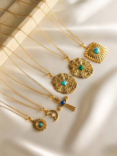 1 chiếc vòng cổ thời trang phong cách Bohemian bằng thép không gỉ mạ vàng 18K hình học, đá ngọc lam rỗng, đá Lapis Lazuli, mặt trời, mặt trăng, mắt quỷ, mặt thánh giá, trang sức không gây dị ứng cho phụ nữ, đa năng để đeo hàng ngày và làm quà tặng