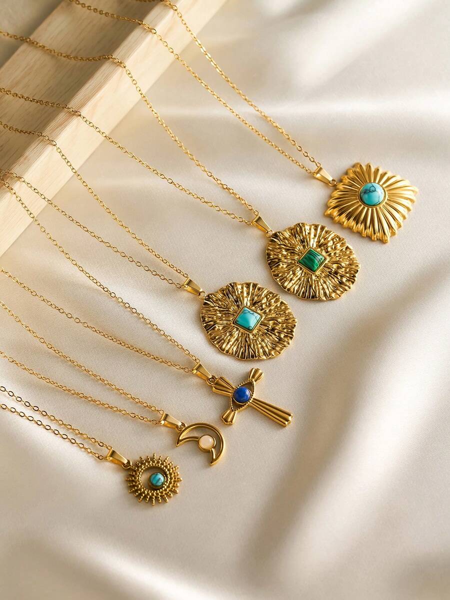 1件时尚波西米亚风18K镀金不锈钢几何镂空吊坠项链，镶嵌绿松石、青金石、太阳、月亮、邪眼、十字架等元素，低过敏性材质，适合女性佩戴，百搭日常休闲装扮及礼品。 - 金色 - 查看 1