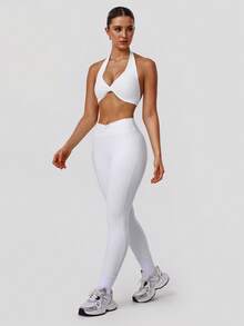 Sodalemon Women's Twist Back Workout Top, V-Neck Padded Solid Color Yoga Casual Sports Bra