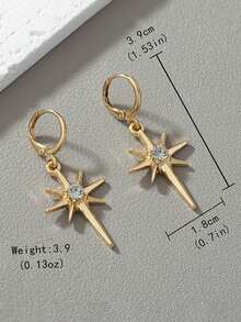 2pcs Stylish Rhinestone-Decorated Star Pendant Earrings, Round Geometric Eight-Pointed Star Earrings, Simple And Unique Style, Unisex Pendant Earrings, Suitable For Parties, Gatherings, Outings And Everyday Wear. - Gold - View 4
