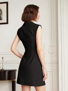 女士优雅纯色无袖派对连衣裙，黑色 - 黑色 - 查看 2