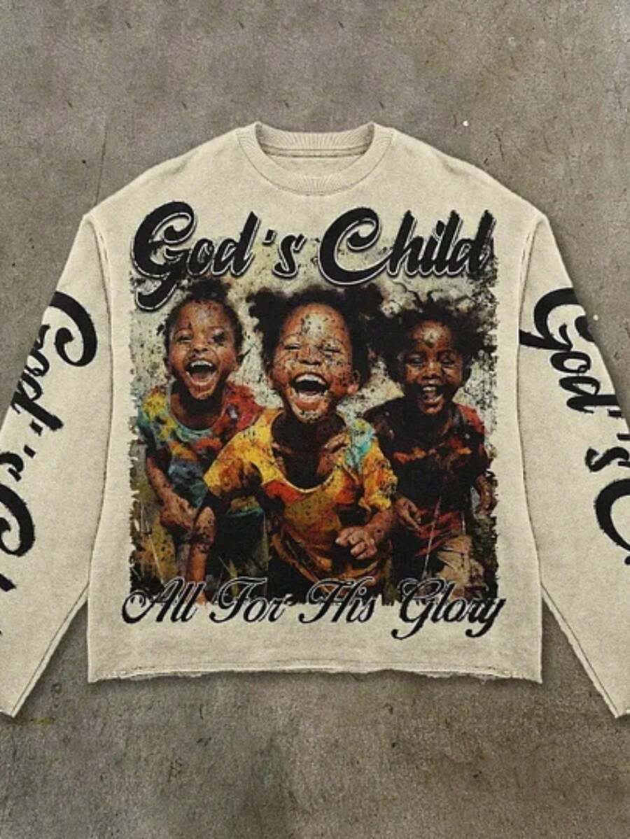 Vintage Inspirational Pullover With Uplifting Quote Design - Oversized Comfort Fit Featuring Joyful Motifs And Classic Typography - 白色 - 查看 1