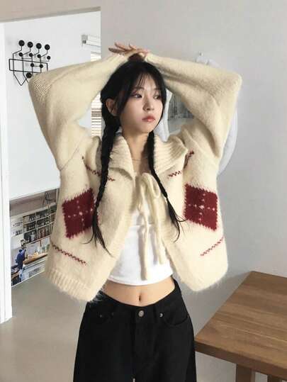 女性用 ヴィンテージダイヤモンドパターン タンダウンカラー ニットカーディガン、ルーズフィット セータージャケット、春の新作