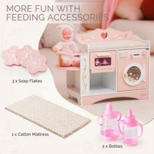 ROBUD 2-In-1 Doll Changing Table And Styling Chair - Pink Wooden Baby Care Play Toy Set With Simulated Washing Machine And Flip Table, Suitable For Children Aged 3-12 - Pink - View 9