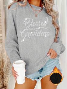 2025 New Sweatshirts " Grandma" Round Neck Sweater With Shiny Letters For Women - 100% Polyester, Dazzling Design And Machine Washable, Ideal For Autumn And Winter Loose And Comfortable - 黑色 - 查看 4