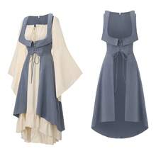 2pcs Medieval Renaissance Women's Costume, Low-Cut Pirate Peasant High-Low Hem Dress With Collar, Vintage Contrast Color Fitted Dress, Flared Sleeves, Maxi Skirt, One-Shoulder Dress, For Women Cosplay Performance - 彩色 - 查看 26
