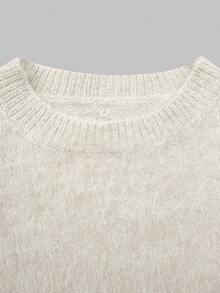 Ladies Solid Crew Neck Fuzzy Knit Sweater, Fall Winter Loose Cozy Top - White - View 9